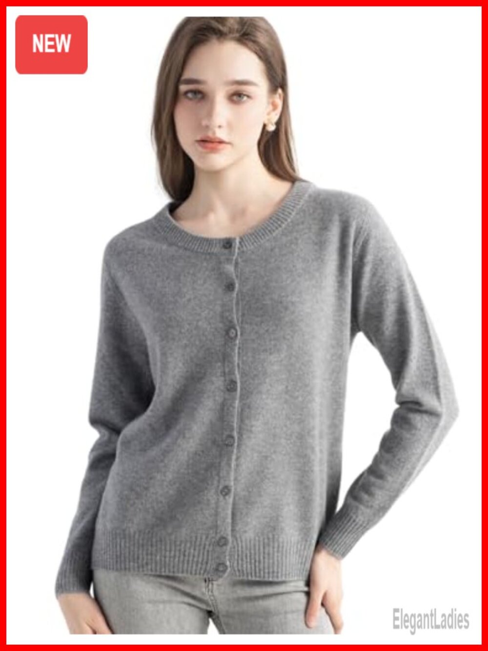 100% Pure Cashmere Cardigan Crew Neck Long Sleeve Seamless Knit Sweater